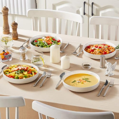 MALACASA 48 Oz Pasta Bowls Set of 4, Ceramic Soup Bowls, TARA Khaki White | Microwave and Dishwasher Safe, Chip-Resistant, For Salad, Soup, Fruit, and Dessert, 9 Inch Wide, Stackable, Modern Design - color: Khaki White