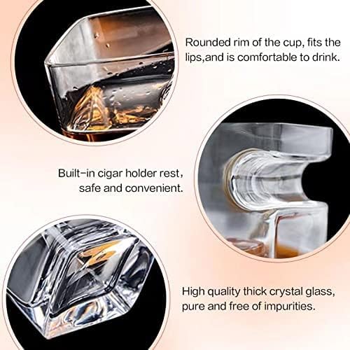 Cigar Whiskey Glass with Cigar Holder - 12oz Old Fashioned Glass with Side Mounted Rest - Bourbon Glass Cigar Accessories with Whiskey Stones and Recipe, for Men/Husband