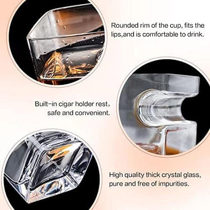 Cigar Whiskey Glass with Cigar Holder - 12oz Old Fashioned Glass with Side Mounted Rest - Bourbon Glass Cigar Accessories with Whiskey Stones and Recipe, for Men/Husband