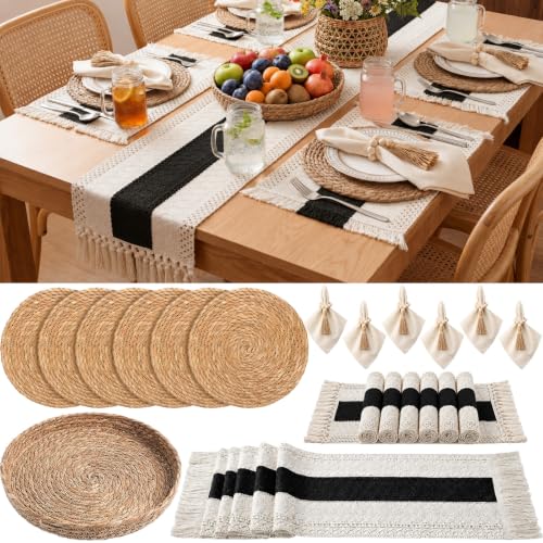 6 Sets Black Kitchen Decor,Table Setting Decor with Round Woven,Rectangular Boho,Wooden Bead Napkin Rings,Cloth Napkins,Table Runner & Storage Basket,Natural Burlap Cotton for Kitchen Dining Table - color: Black