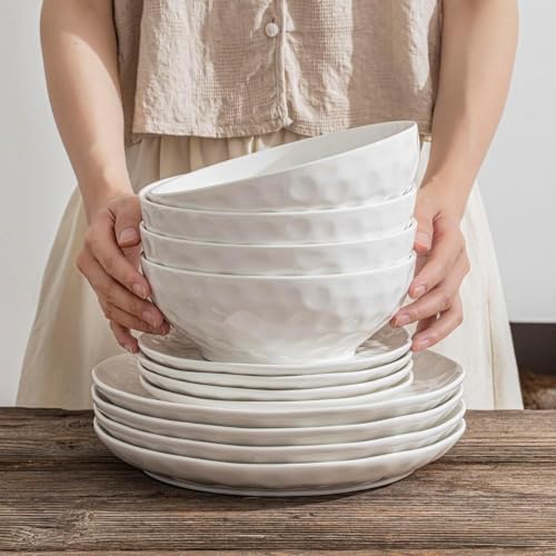 HOMBENE 8 Inch Pasta and Salad Bowls, Serving and Soup Bowl Set, Microwave Safe Ceramic Plates, Set of 2, White - color: White, size: 8 IN