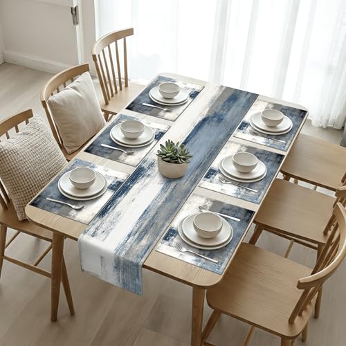 White and Gray Table Runner and Placemats Set of 6 Farmhouse Washable Linen Place Mats Rustic Abstract Art Table Decor for Kitchen Dining Coffee Outdoor Party (White and Gray, 13"x71"+12"x18") - color: White and Gray