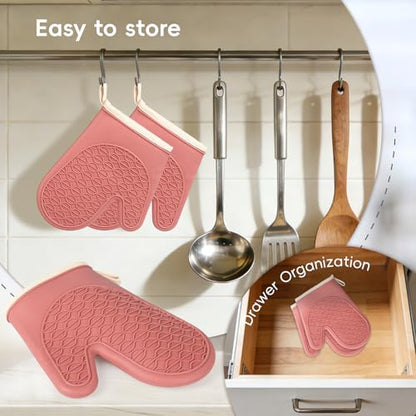 Silicone Oven Mitts Heat Resistant, Short Mini Baking Gloves with Cotton Liner for Normal & Small Hnads, 1 Pair Red