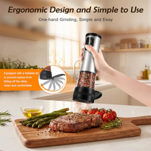 Flelano Electric Salt & Pepper Grinder Set, 2-Speed Setting, Stainless Steel Rechargeable Automatic Pepper Mill Shakers, Charging Base 100ml Capacity External Adjustable Coarseness LED Light,Black - color: Black