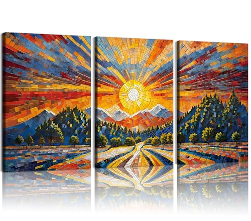GYYLGYY 3 Pcs Colorful Abstract Mosaic Mountain Sunset Canvas Wall Art | 16x24 Inch Framed Landscape Prints Modern Mountain and Forest Nature Wall Decor for Living Room Bedroom Office - color: Sunrise Mountains Canvas Painting, size: 24"L x 16"W