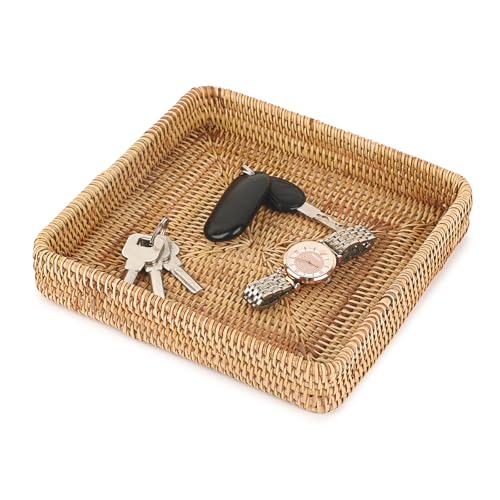 Hipiwe Key Basket Bowl for Entryway Table Rattan Serving Tray, 8.1" x 8.1" | Handwoven Wicker Baskets Vanity Trays Square Decorative Fruit Trays for Kitchen Counter Bedside Living Room Bathroom - color: Natural Color, size: 8.1" x 8.1" x 1.4"