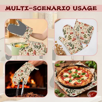 Red Mushroom Forest Strawberry Silicone Oven Mitts and Pot Holders,Heat-Resistant 4 Piece Kitchen Set Non-Slip Oven Gloves and Hot Pads for Cooking, Baking, Grilling,BBQ - color: Red Mushroom Forest Strawberry