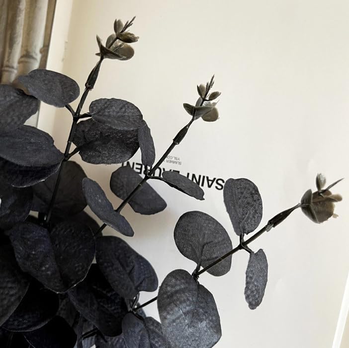 Tinsow 5 Pcs Black Artificial Eucalyptus Stems Faux Eucalyptuses Branches Black Leaf Halloween Centerpiece Halloween Home Decor (Black, 5) - color: Black