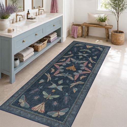 Vintage Navy Blue 2x5 Runner Rug, Washable Insect Carpet for Bathroom, Kitchen Floor & Hallway, Soft Low Pile Non Slip Bedroom Rug with Rubber Backing - color: Midnight Blue, size: 2' x 5' (Runner)