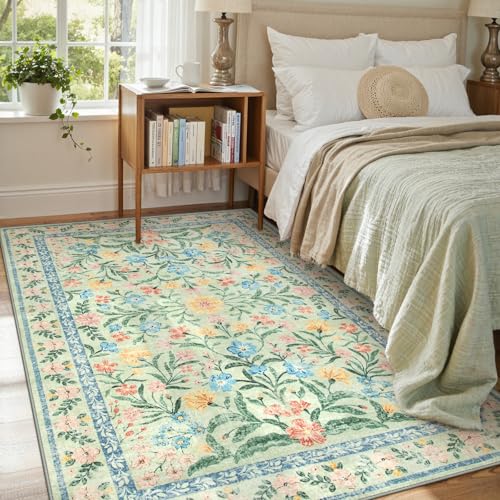 Lahome Sage Green Rug for Bedroom, 6x9 Boho Botanical Living Room Rug | Soft Faxu Wool Carpet for Nursery, Vintage Low Pile Carpets for Girls Kids Playroom, Tea Green - color: Tea Green, size: 6' x 9' (Rectangular)