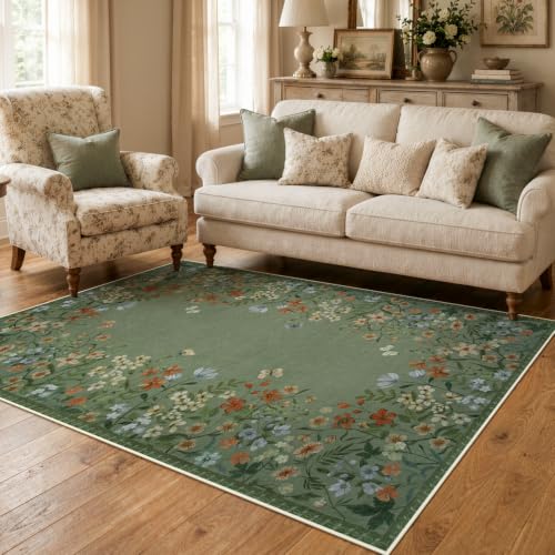 Wonnitar 4x6 Washable Area Rug, Green Floral Rug for Living Room, Boho Rug for Bedroom, Non Slip Ultra Thin Entryway Carpet, Farmhouse Kitchen Home Office Decor (4x6 Green) - color: Green, size: 4' x 6' (Rectangular)