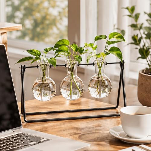 Plant Terrarium with Metal Stand, 3 Bulb Glass Vase, Minimalist Plant Stand | Propagation Stations For Hydroponic Plant, Tabletop Indoor Room Office Home Desk Decor Gardening Gifts For Women, Plant Lover