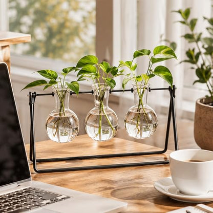 Plant Terrarium with Metal Stand, 3 Bulb Glass Vase, Minimalist Plant Stand | Propagation Stations For Hydroponic Plant, Tabletop Indoor Room Office Home Desk Decor Gardening Gifts For Women, Plant Lover