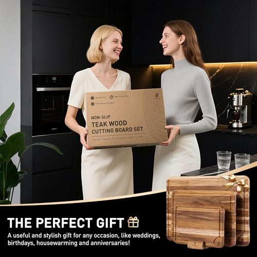 3 Pack Teak Wood Cutting Board Set for Kitchen Charcuterie Board Serving Heavy Duty Non Toxic Slip Over Sink Solid Thick Haus Wooden Chopping Board Large Big Small Meat Best Kitchen Mother Gift - style: Set of 3 with Holder