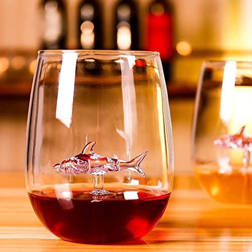 Shark Stemless Crystal Wine Glasses - Personalized Set of 2, Fancy Cool Red Wine Cups, Unique Shark Lover Gifts for Women, Party, Birthday, Wedding (Pink) - color: Pink