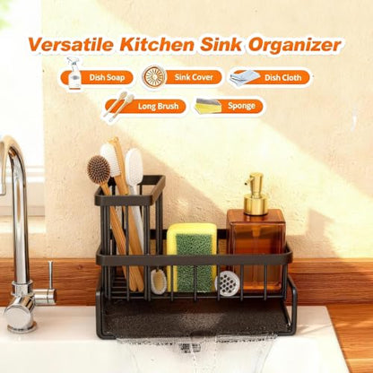 Stainless Steel Sink Caddy Sponge Holder for Kitchen Sink, Countertop Organization Storage with Movable High Brush Holder, Soap Dispenser Set Tray Counter Storage Rack, Home Decor Accessories ﻿