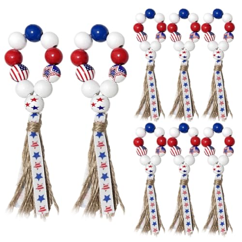 4th of July Wooden Bead Napkin Rings, Patriotic US Flag Star Striped Tassel Napkin Holders, Red White Blue Independence Day Table Decor for Memorial Day Labor Day BBQ Party, Set of 8 Napkin Holders