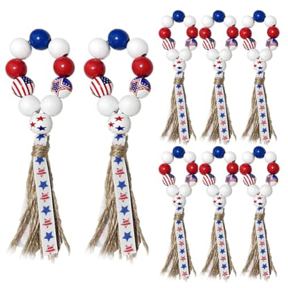 4th of July Wooden Bead Napkin Rings, Patriotic US Flag Star Striped Tassel Napkin Holders, Red White Blue Independence Day Table Decor for Memorial Day Labor Day BBQ Party, Set of 8 Napkin Holders
