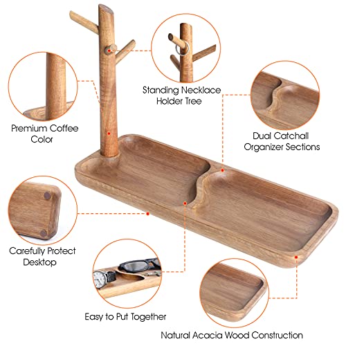 Wood Key Tray for Entryway Table, Jewelry Tray, Catchall Tray with 3 Stand Hanging Organizer, for Rings, Phone, Bracelets Watches