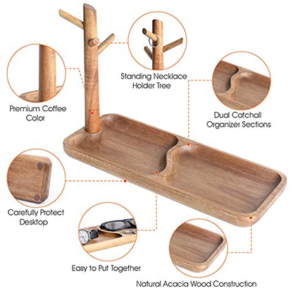 Wood Key Tray for Entryway Table, Jewelry Tray, Catchall Tray with 3 Stand Hanging Organizer, for Rings, Phone, Bracelets Watches