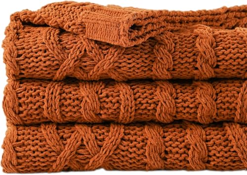 Battilo Rust Orange Throw Blanket for Couch, 51" x 67", Cable Knit Blanket | Decorative Textured Fall Throw Blanket, Fall Decor, Soft Warm Chenille Throw Blanket for Bed, Sofa, Living Room, Home Decor - color: Caramel