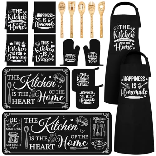 Bencailor 17 Pcs Black and White Kitchen Decor and Accessories Black and White Kitchen Rug and Mat Oven Mitts and Pot Holders Apron Dish Towels Cute Wooden Spoons for Home Decor Housewarming Gifts - color: Black and White