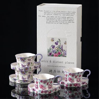 Ceramic Tea Cup and Saucer Set with Butterfly Floral Design, Purple, for Home and Office Use, Poetry & Distant Places Collection, 2-Cup Set with Gift Box