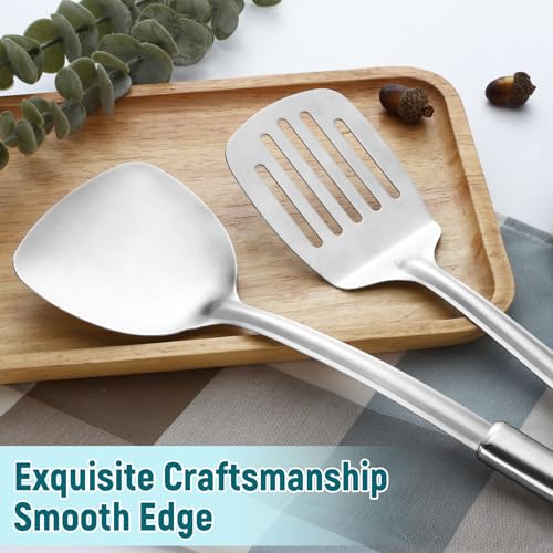 Pleafind 2-Pcs Solid & Slotted Spatula Set, 304 Stainless Steel Spatula, Metal Spatulas, Wok Utensils, Cooking Utensils, Wok Spatulas for Home, Kitchen and Restaurant, Dishwasher Safe - color: 2P-Argent