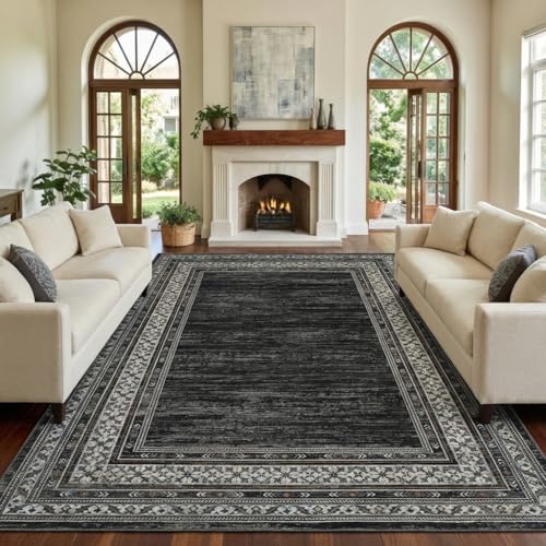 Neutral Rugs for Living Room 9x12 Washable Non Slip Modern Solid Area Rug, Stain Resistant Bordered Soft Carpet, Neutral Foldable Floor Rugs for Bedroom, Dining Room, Nursery, Black | Non Slip Low Pile Stain Resistant Bordered Foldable Soft Textured Solid