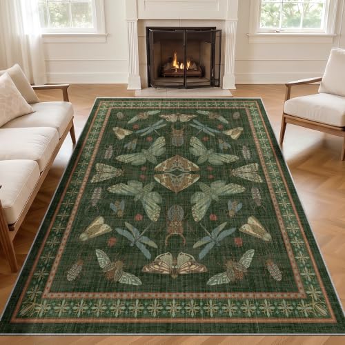 Arenarug Area Rug 5x7 Non Slip Washable Rug Insect Boho Soft Distressed Vintage Lightweight Low Pile Carpet for Living Room, Bedroom, Dining Room, Kitchen, Office, Dark Green - color: Dark Green, size: 5'x7'