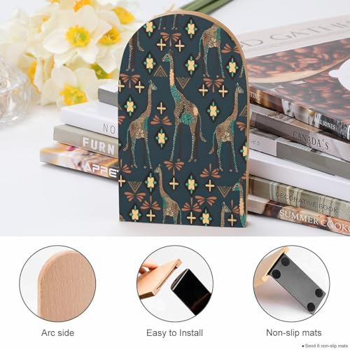 Personalized Wood Book Ends Metal Base Giraffe Pattern Design Printing Bookend Modern Heavy Duty Bookends for Home Or Office 1 Pair - color: Giraffe Pattern Design