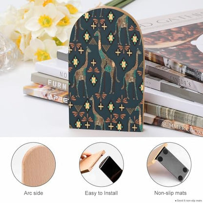 Personalized Wood Book Ends Metal Base Giraffe Pattern Design Printing Bookend Modern Heavy Duty Bookends for Home Or Office 1 Pair - color: Giraffe Pattern Design