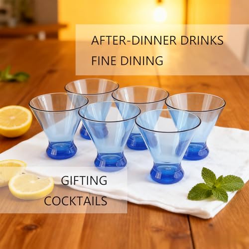 Set of 6 Stemless Martini Acrylic Glasses 9 oz, Heavy Base Stable Cocktail/Juice/Red Wine Glasses,Plastic Drinking Tumbler, Fits Ice Cream/Milkshakes,Ideal for Home Party(Blue) - color: Blue