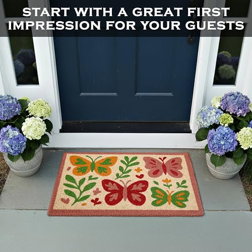 MAINEVENT Butterfly Welcome Mat 30x17 Inch, Spring Outdoor Doormat Coir | Natural Coco Fiber Spring Decor, Pvc Backing, Dirt Scraper, Nature-Inspired Farmhouse Decor, Housewarming Gift, Covered Porch