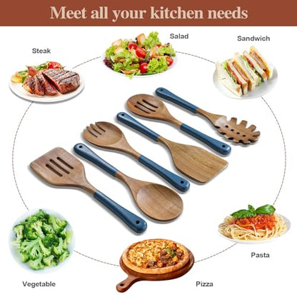 Wooden Spoons For Cooking, 6 PCS Natural Acacia Wooden Cooking Utensils, Non-Stick Wood Kitchen Utensil Set for Kitchen Essentials, Smooth Grip Wood Cooking Spoons with Hanging Hole, Blue - color: Blue