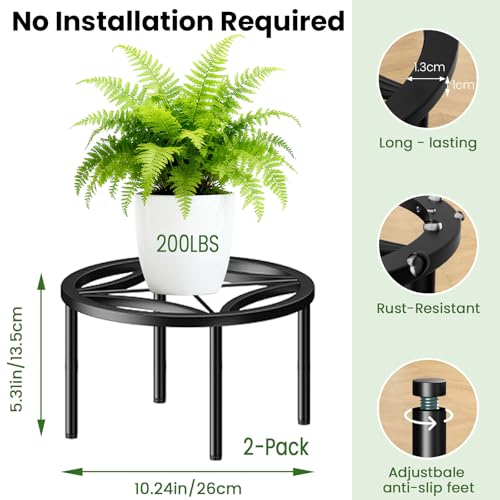 TOSKING 2-Pack Fully Assembled Heavy Duty Low Metal Plant Stand, Geometric Flower Pot Holder for Heavy Potted Plant, Rustproof Iron Plant Riser with Adjustable Feet, 200 LBS Capacity, No Installation Required,Indoor/Outdoor, Black (10.24"Dia x 5.3"H) - co
