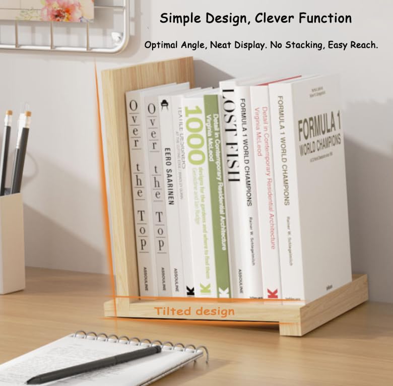 Solid Wood Desktop Bookshelf Organizer for Home Office & Student Desk – Natural Rubberwood Book Holder with Adjustable Shelves & Metal Bookmarks, Minimalist Design (Yellow)”