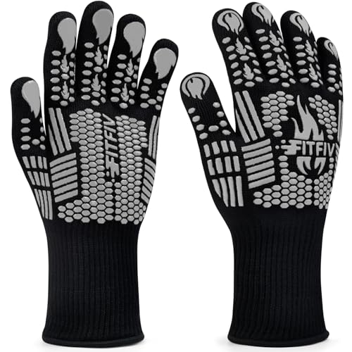 BBQ Gloves, 1472°F Heat Resistant with Silicone Grip Oven Mitts | Non-Slip Grip, for BBQ, Grilling, Oven, Smoker, Cooking and Baking - color: Gray, size: Long (Glove L 13.78" × Palm W 6.33")