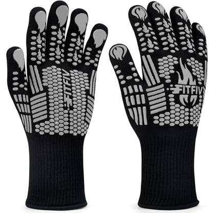 BBQ Gloves, 1472°F Heat Resistant with Silicone Grip Oven Mitts | Non-Slip Grip, for BBQ, Grilling, Oven, Smoker, Cooking and Baking - color: Gray, size: Long (Glove L 13.78" × Palm W 6.33")