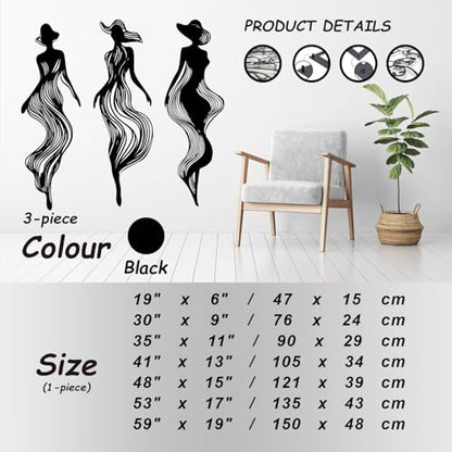 XXQ Abstract Women Silhouette Metal Wall Art Set of 3 – Modern Line Art Decor for Living Room, Bedroom, Hallway, or Studio Walls (Black, 19" x 6" / 47 x 15 cm) - size: 19L" x 6W"
