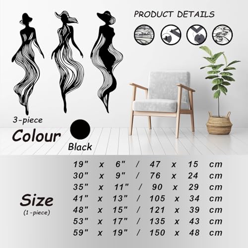 XXQ Abstract Women Silhouette Metal Wall Art Set of 3 – Modern Line Art Decor for Living Room, Bedroom, Hallway, or Studio Walls (Black, 48" x 15" / 121 x 39 cm) - size: 48L" x 15W"