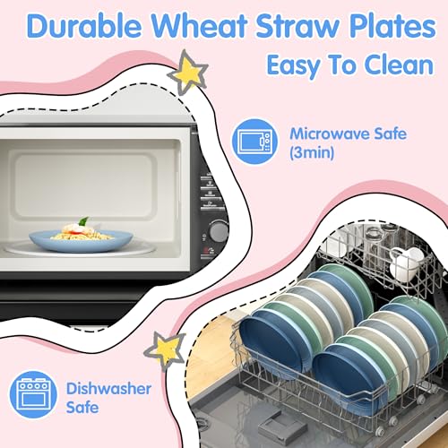 Quatish 10 PCS Reusable Plastic Plates,8 inch Dinner Plate,Plate set，Blue | Unbreakable,Dishwasher & Microwave Safe, Easy-to-Clean,Lightweight,Portable,for Camping Salad, Kitchen & Picnics,Wheat Straw - color: Blue