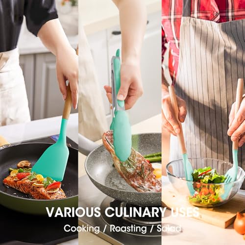 Kitchen Utensils Set Silicone Kitchen Utensils Set with Wooden Handle Utensils for Cooking Heat Resistant Silicone Non-Stick Cookware BPA FREE (Dark Green) - color: Dark Green