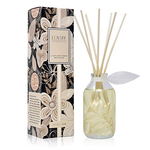 Reed Diffuser Set - Coconut & Eucalyptus Scented Diffuser with Sticks | Home Fragrance Reed Diffuser for Bedroom, Bathroom Shelf Décor, with Real Florals in the Bottle - Made in the USA - color: Coconut & Eucalyptus