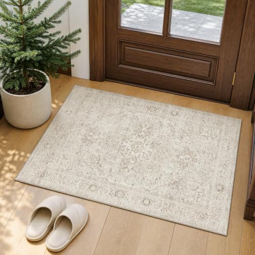 FMFUNCTEX 2x3 Washable Beige Neutral Distressed Oriental Entryway Area Rug | Cream Non Slip Low Pile Soft Vintage Indoor Small Throw Carpet Door Mat Entry Way Entrance Kitchen Bedroom Bathroom Laundry - color: Beige, size: 2' x 3' (Rectangular)