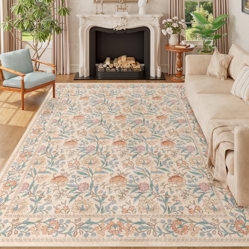 DUKINO 8x10 Area Rug, Vintage Floral Washable Rugs for Living Room, Beige | Non Slip, Low Pile, Non-Shedding, Stain Resistant Boho Soft Indoor Large Carpet for Bedroom Dining Room Farmhouse, Home Decor - color: Beige Peach, size: 8' x 10' (Rectangular)