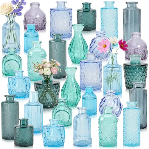 30 Pcs Blue Glass Bud Vases Bulk, Vintage Small Flower Vase Set with Relief Designs, Aesthetic Mini Decorative Vases for Wedding Table Centerpieces, Coastal Ocean Vibe, Home Decor - color: Blue Series, size: 30Pcs