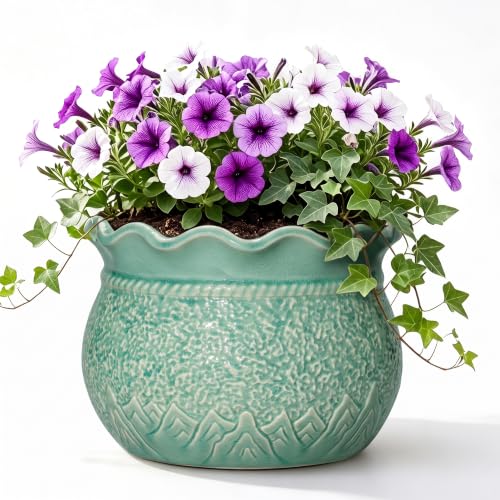 Ceramic Planter 12 Inch, Ceramic Plant Pot, Crack Lake Green | Unique Large Flower Pots for Money Tree, Round Plant Pot Indoor with Drainage Hole, Desktop Decor, Garden Gifts - color: Crack Lake Green, size: 12 Inch