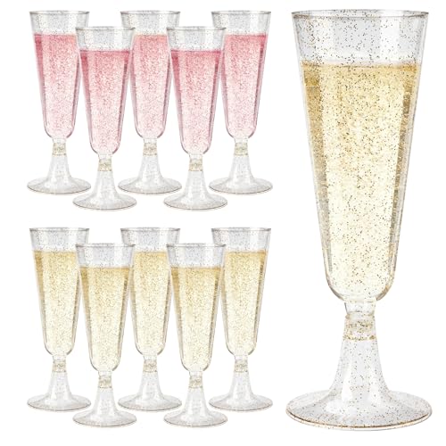 GuanQiao 200 Pack Plastic Champagne Flutes, 5.5 OZ Disposable Plastic Champagne Glasses with Gold Glitter, Wine Glasses Cups for Wedding Celebration Party Wine Tasting New Years Eve Supplies - color: Gold Glitter, size: 200-Pack
