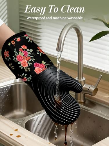 Slohif Long Silicone Oven Mitts Heat Resistant for Women - 2 Pcs Rose 100% Cotton Oven Gloves, Non-Slip and Waterproof Silicone Oven Mitts with Hanger for Baking and Cooking - color: Rose
